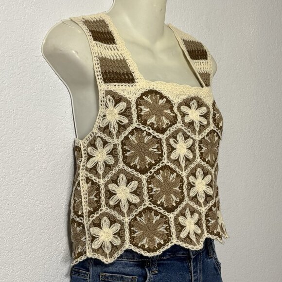 Granny Square Crochet Tank Top Brown Cream Y2K Boho Size S - Picture 2 of 10